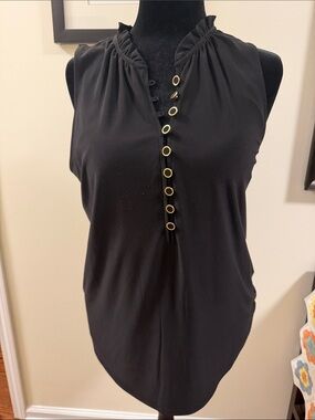 Black Sleeveless Ruffle-Neck Camisole with Gold Ring Accents